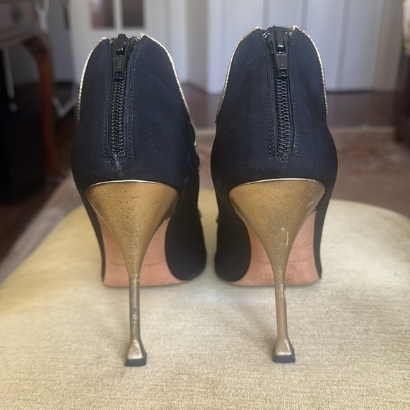 Brian Atwood Naiya Black and Gold Silk Crepe Peep-Toe High-Heel Bootie Size EU42 - Picture 11 of 16
